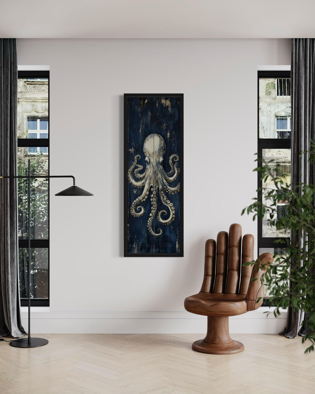 Vertical octopus canvas wall art with metallic tentacles on a navy background in a modern room.
