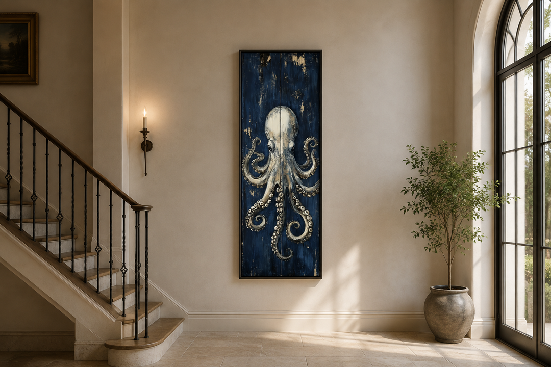 Vertical octopus canvas wall art with metallic tentacles on a navy background in a hallway.