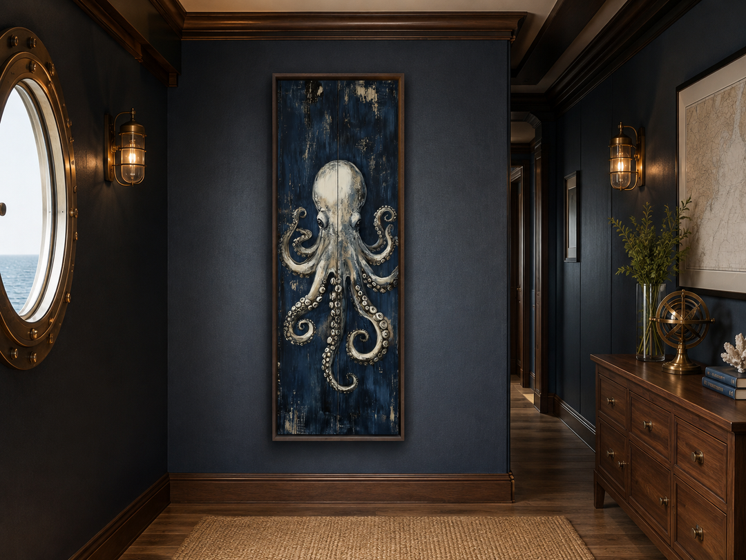 Vertical octopus wall art on a tall narrow canvas with metallic tones on a deep navy background.