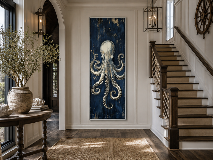 Vertical octopus canvas wall art in a nautical entryway with a staircase and coastal decor.