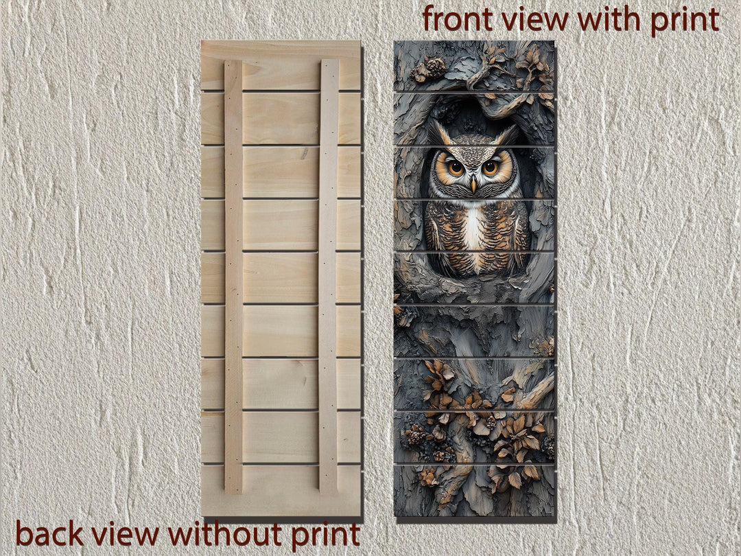 Vertical Owl In A Tree Real Wood Wall Art for Cabin Decor