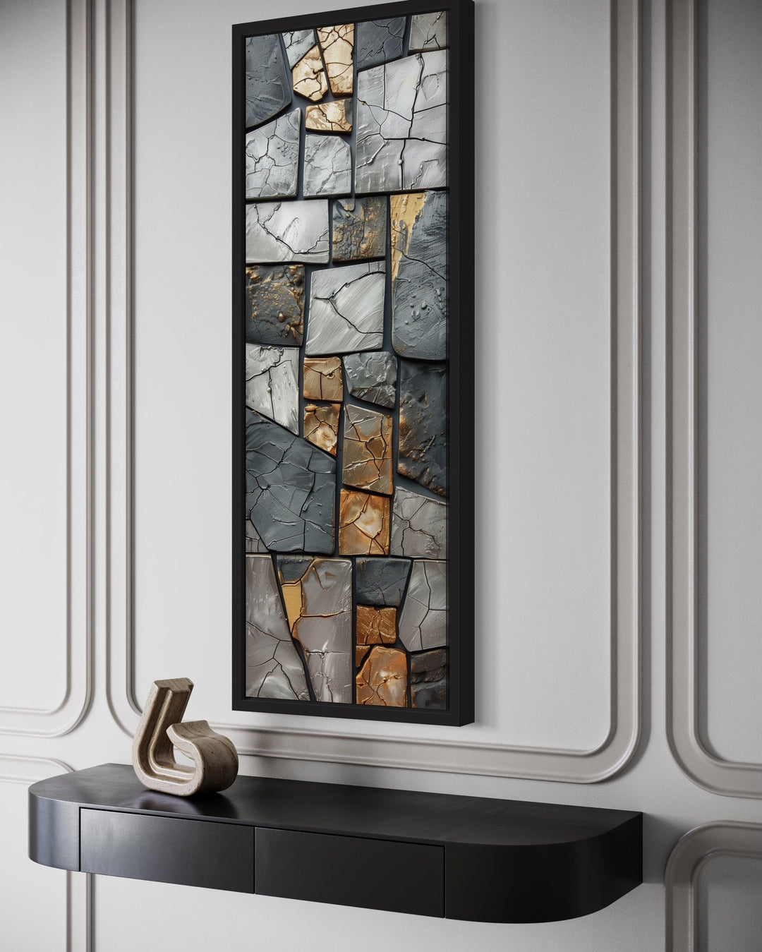 Vertical Silver Gold Rocks Marble Tall Slim Wall Art