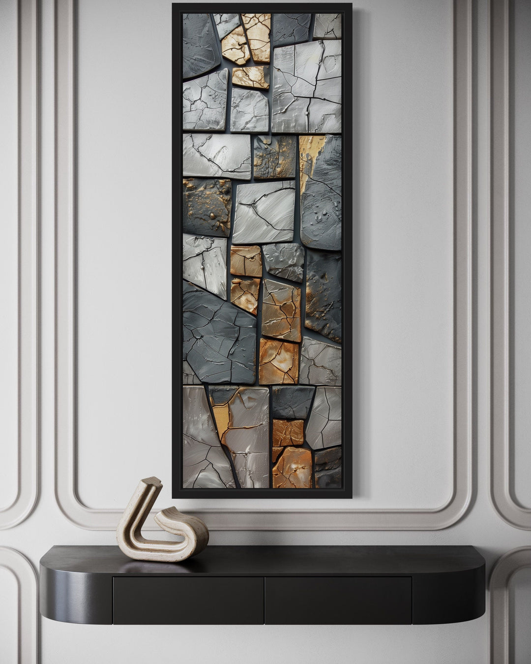 Vertical Silver Gold Rocks Marble Tall Slim Wall Art