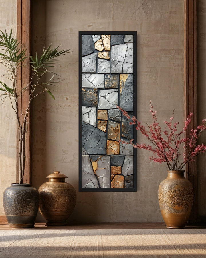 Vertical Silver Gold Rocks Marble Tall Slim Wall Art