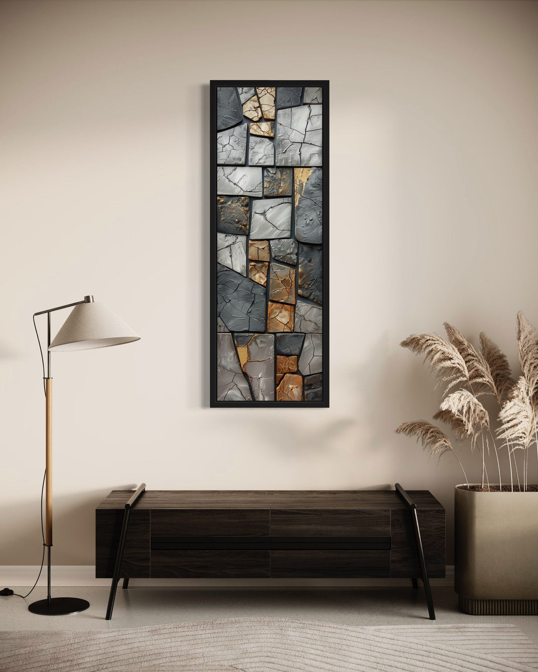 Vertical Silver Gold Rocks Marble Tall Slim Wall Art