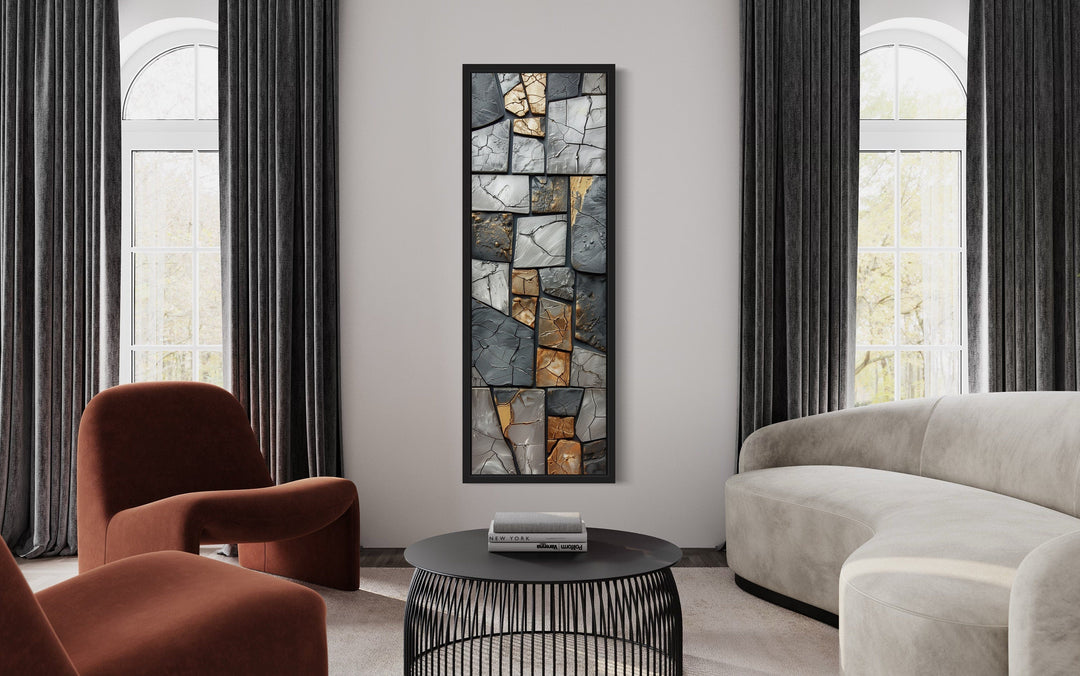 vertical Silver Gold Rocks Marble Tall Slim Wall Art