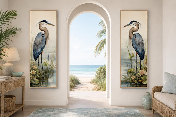 Vertical slim Great Blue Heron canvas wall art set of 2 in a coastal living room.