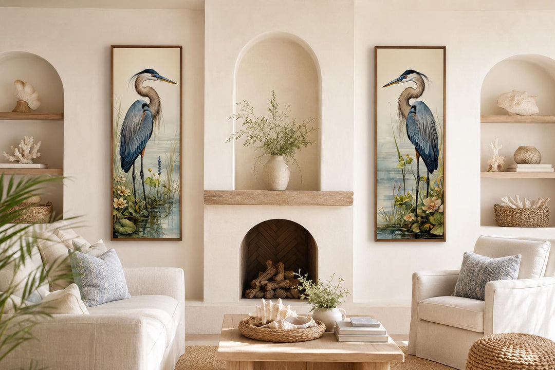 Set of 2 vertical slim canvas wall art prints featuring Great Blue Herons in a marsh setting.