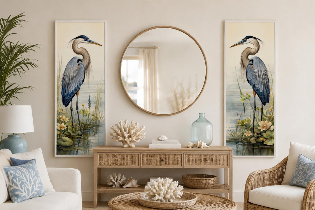Set of two vertical canvas prints featuring Great Blue Herons standing in marsh reeds.