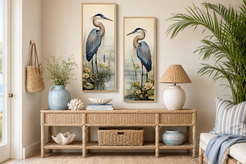 Vertical slim set of 2 canvas wall art prints featuring Great Blue Herons in a marsh setting.