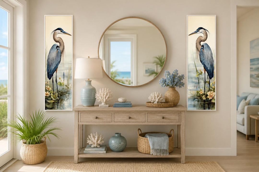 Set of 2 vertical slim canvas wall art prints featuring Great Blue Herons in a marsh setting.