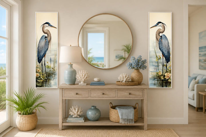 Set of 2 vertical slim canvas wall art prints featuring Great Blue Herons in a marsh setting.