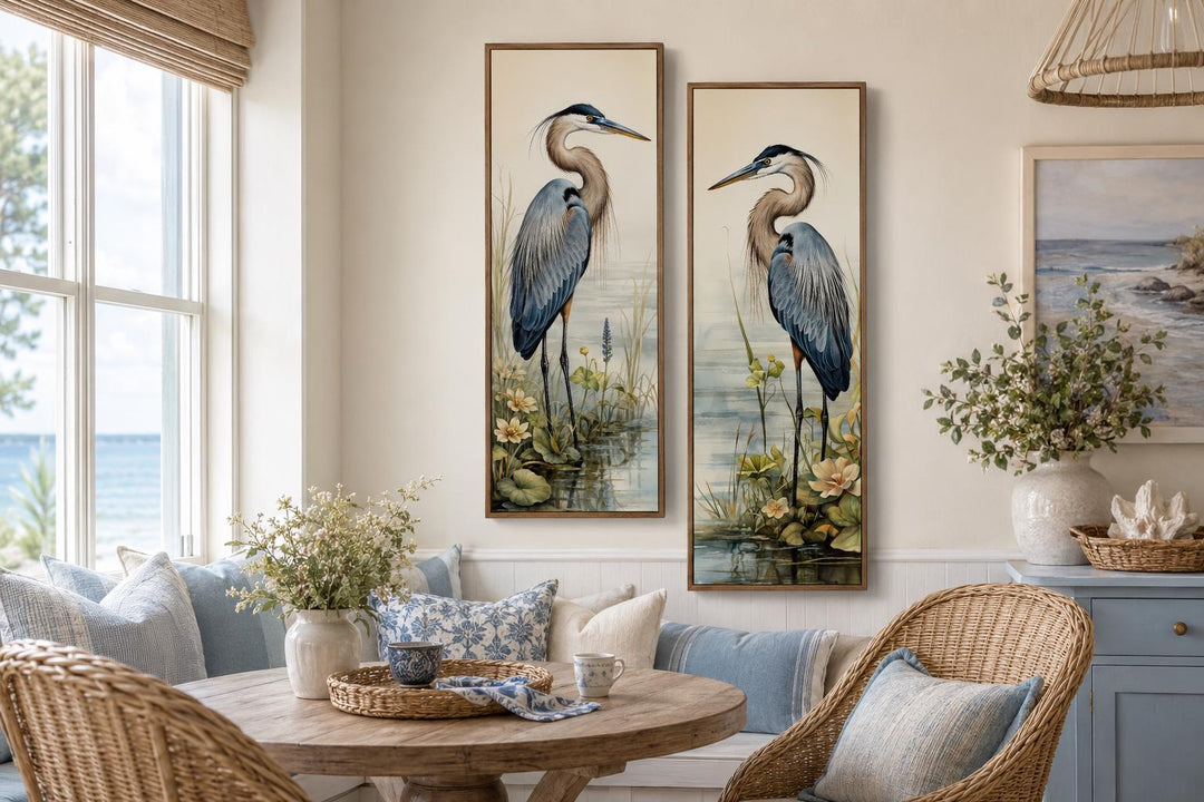 Set of 2 vertical slim canvas wall art featuring Great Blue Herons in a marsh with soft blue tones.