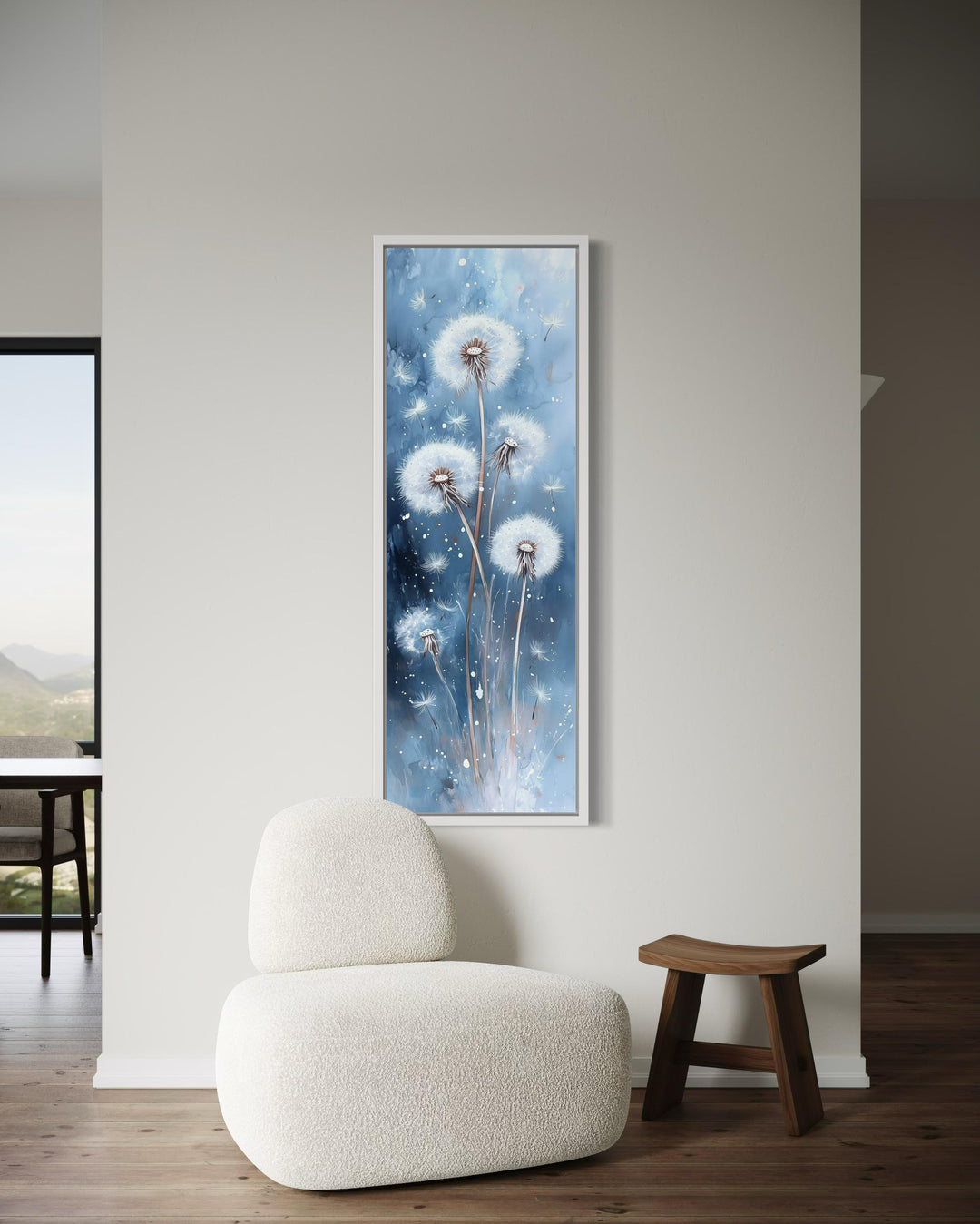 Vertical Soft Dandelions On Blue Background Long Framed Canvas Wall Art