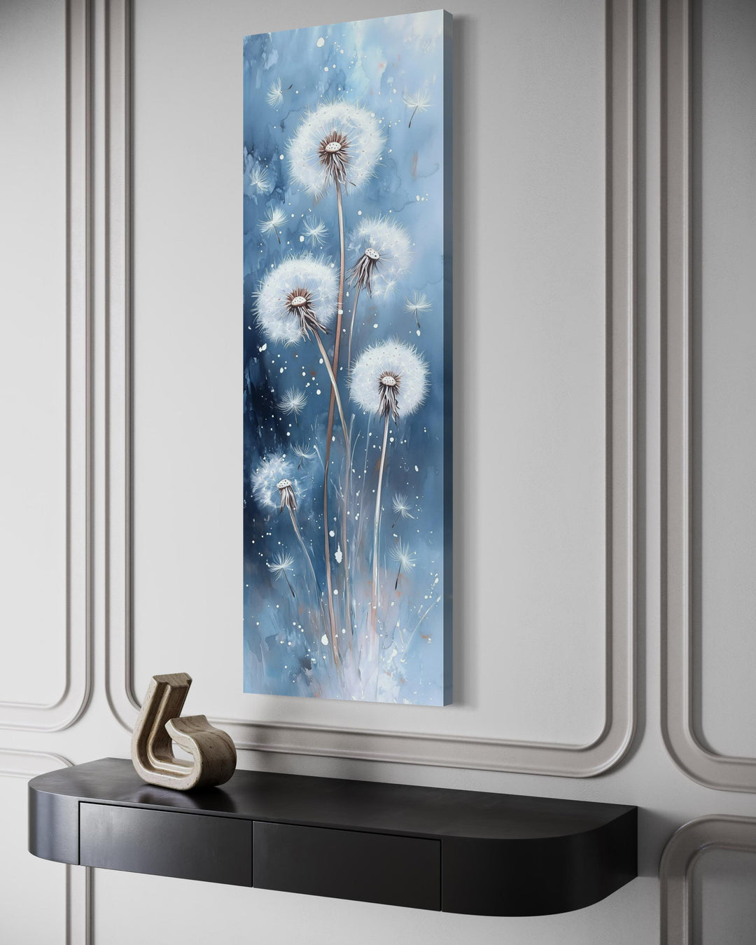 Vertical Soft Dandelions On Blue Background Long Framed Canvas Wall Art