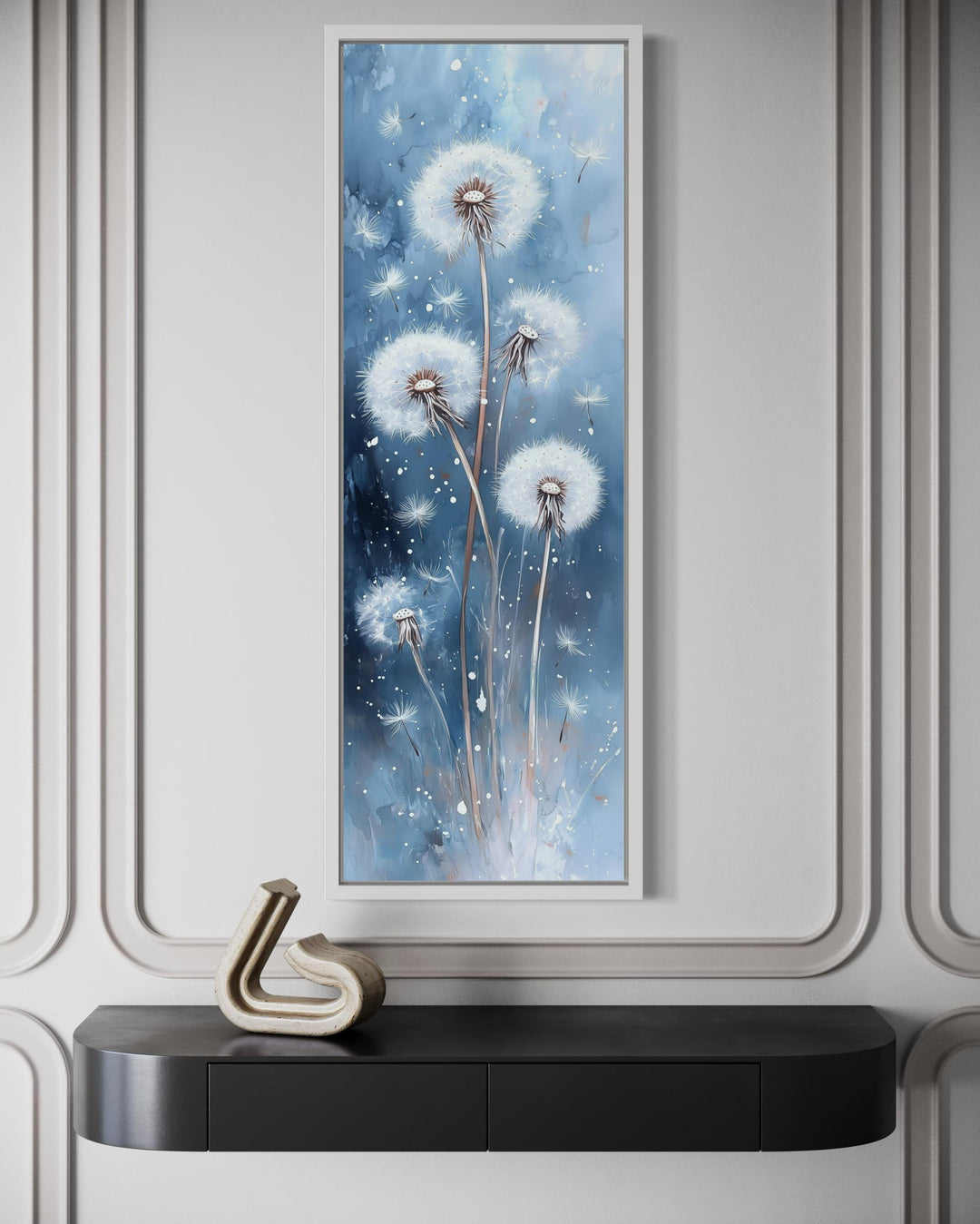 Vertical Soft Dandelions On Blue Background Long Framed Canvas Wall Art