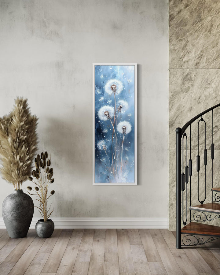 Vertical Soft Dandelions On Blue Background Long Framed Canvas Wall Art