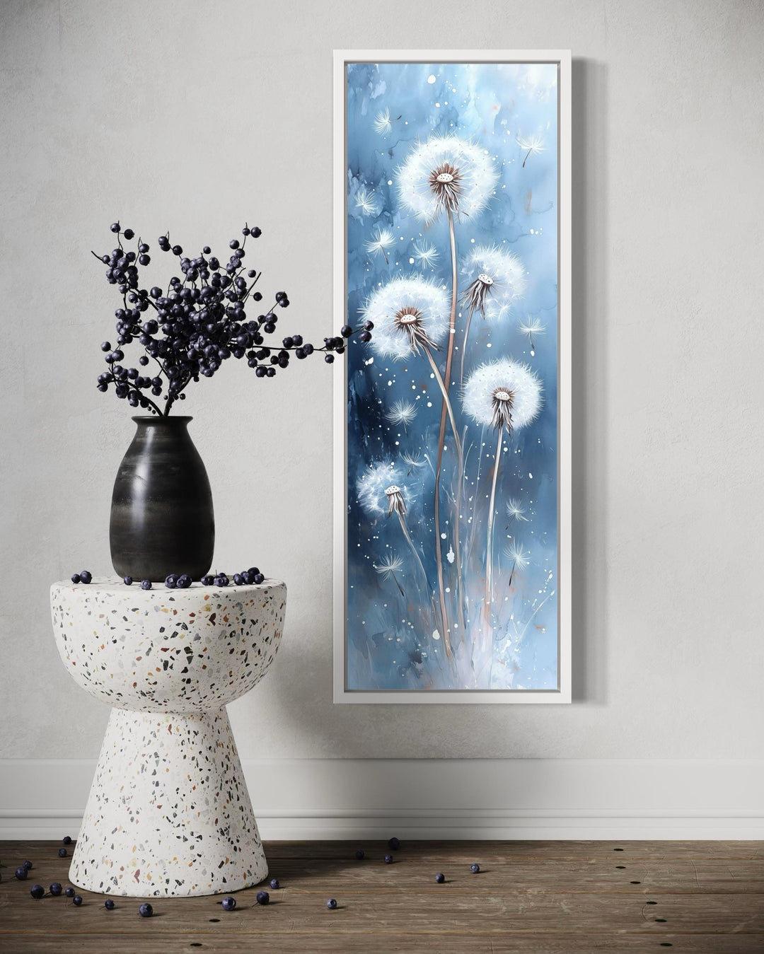 Vertical Soft Dandelions On Blue Background Long Framed Canvas Wall Art