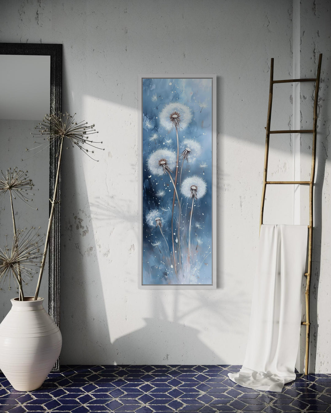 Vertical Soft Dandelions On Blue Background Long Framed Canvas Wall Art