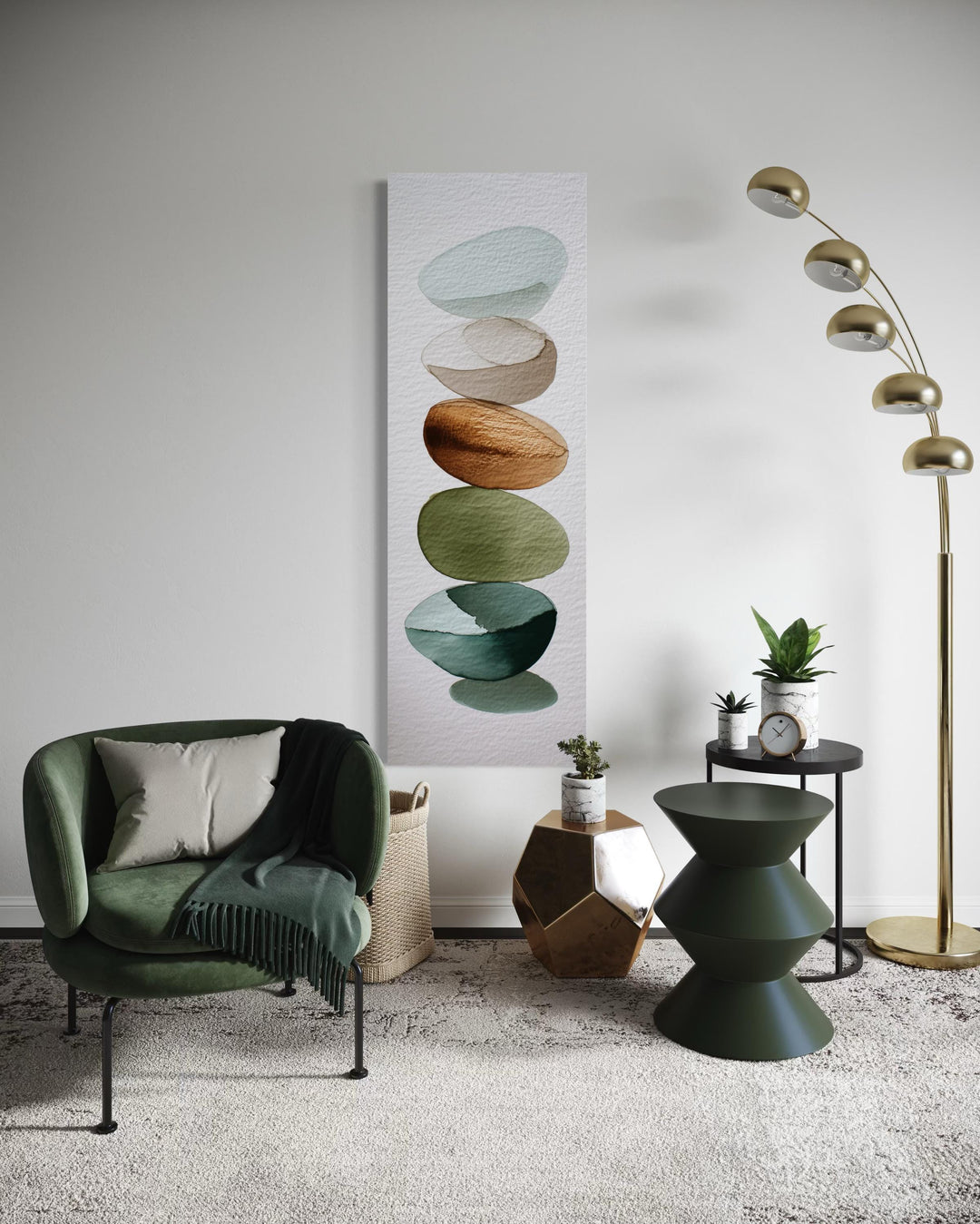 Vertical Stacked Stones Forest Green And Earth Tones Canvas Wall Art