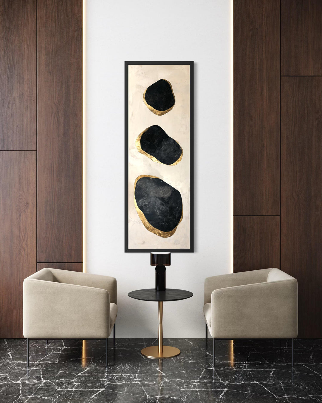 Vertical tall narrow wall art featuring three abstract black and gold rock shapes on a cream canvas.