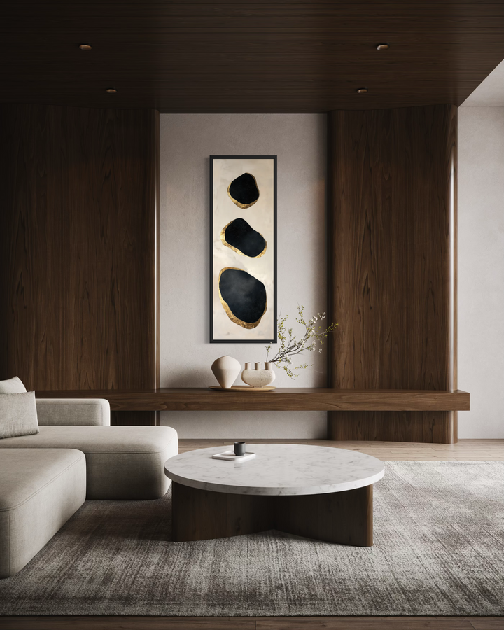 Vertical tall narrow wall art with black and gold abstract rock shapes on a neutral background.