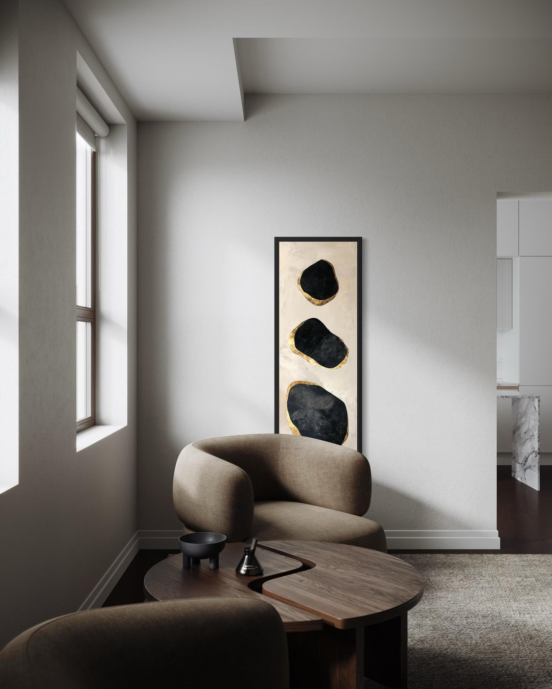 Vertical tall narrow wall art featuring three abstract black and gold rock shapes on a cream canvas.