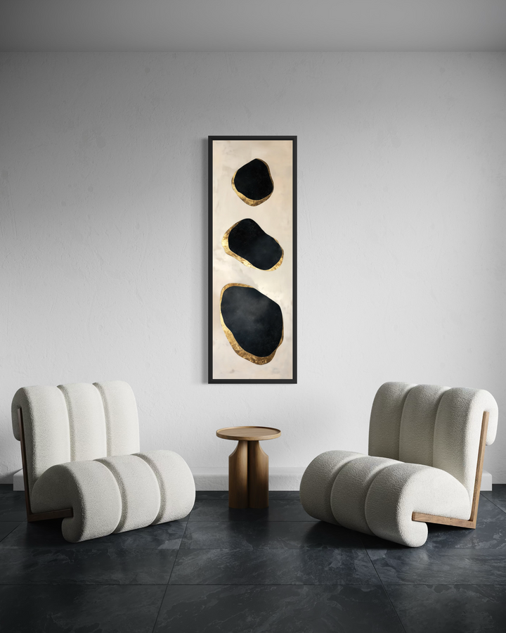 Vertical tall narrow wall art with black and gold abstract rock shapes on a neutral background.