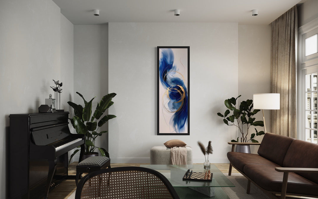 Vertical tall narrow blue gold white abstract living room wall art.