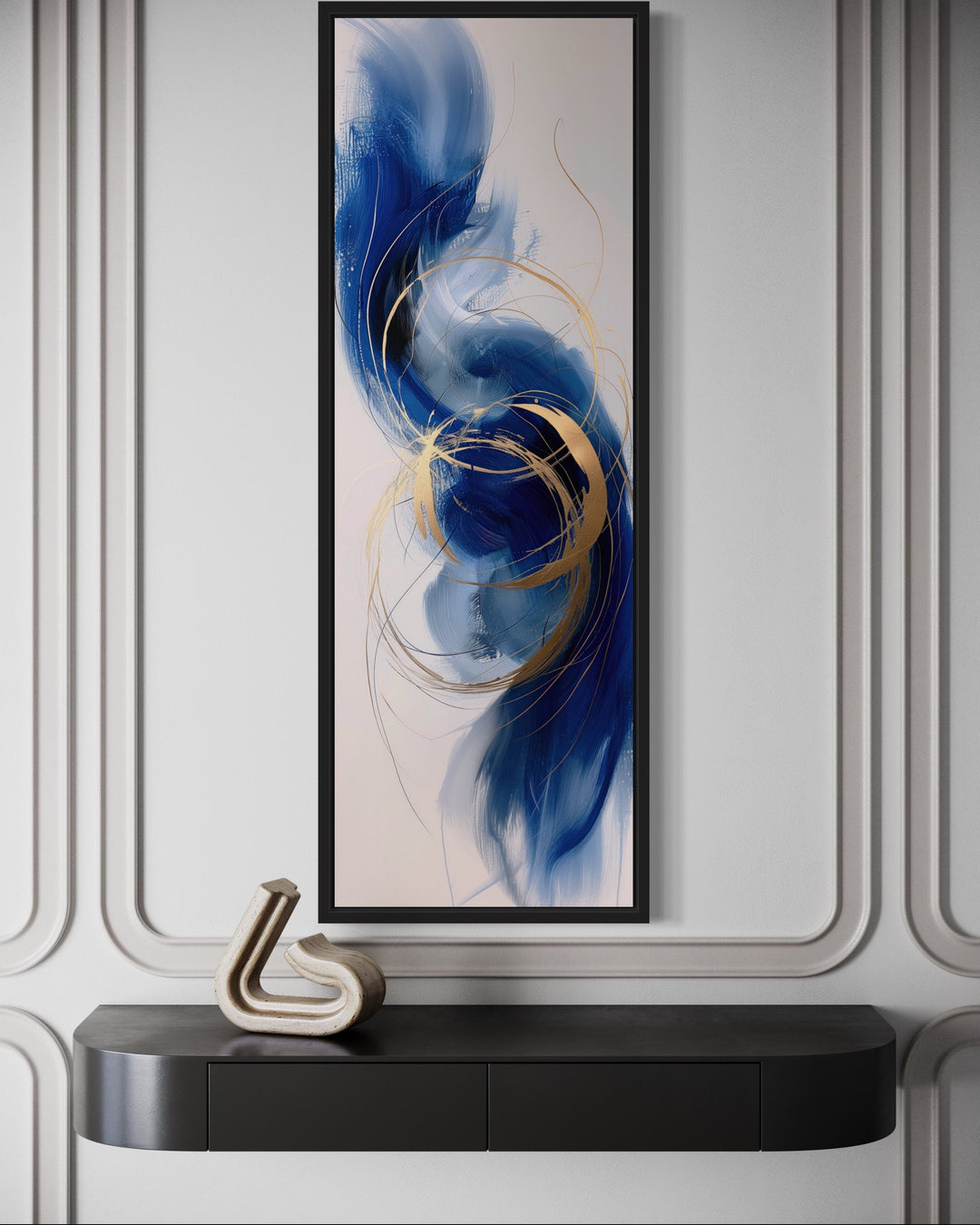 Vertical Tall Narrow Blue Gold White Abstract Living Room Wall Art