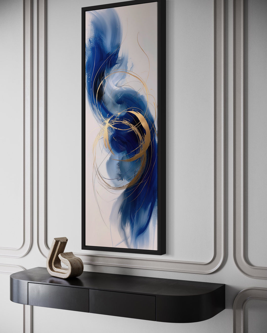 Vertical Tall Narrow Blue Gold White Abstract Living Room Wall Art