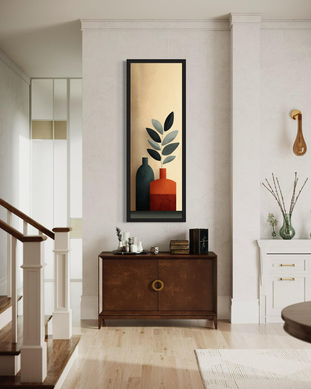 Vertical Tall Narrow Minimalist Plants In Vases Canvas Wall Art