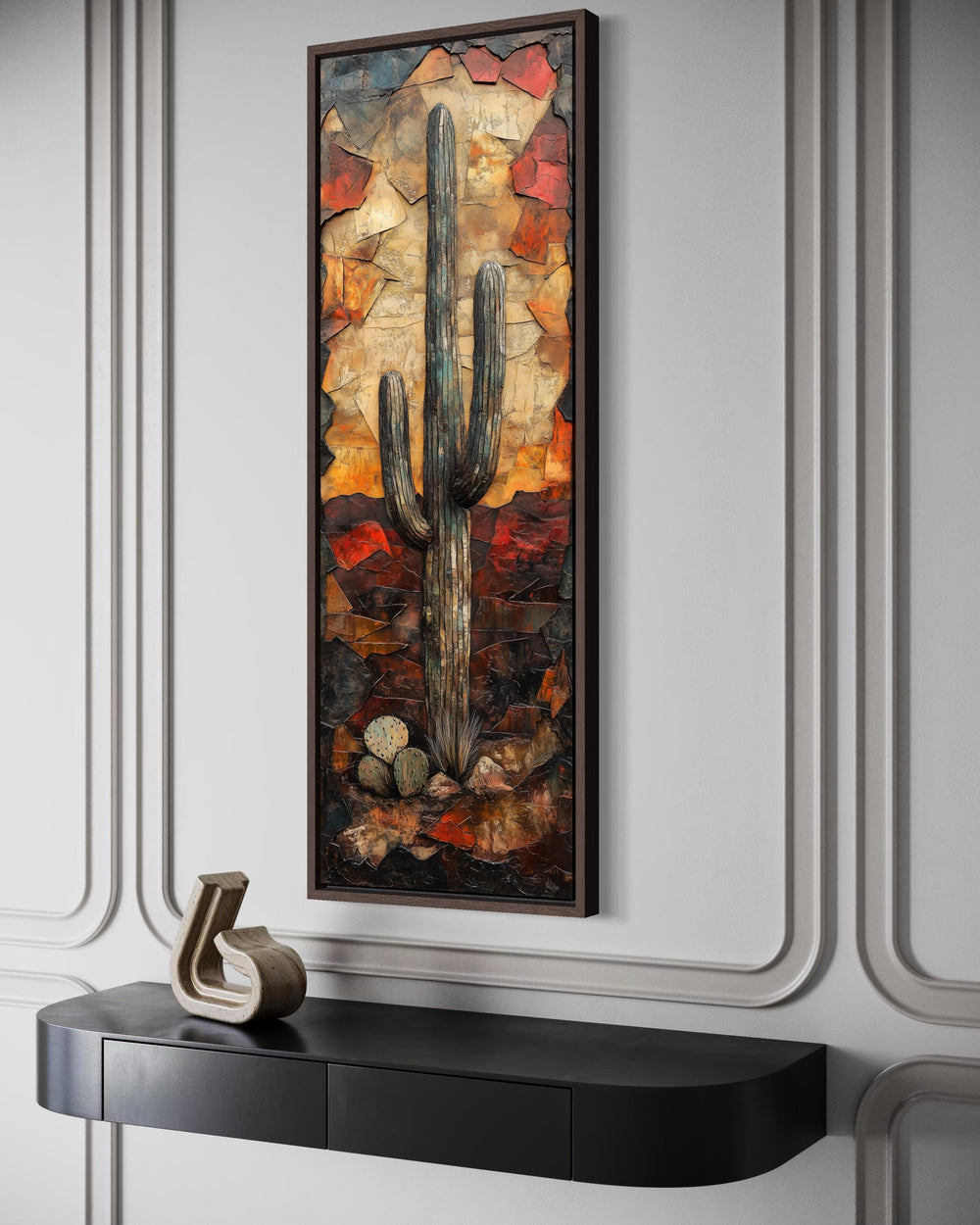 Vertical tall narrow canvas wall art featuring a textured saguaro cactus in warm desert tones.