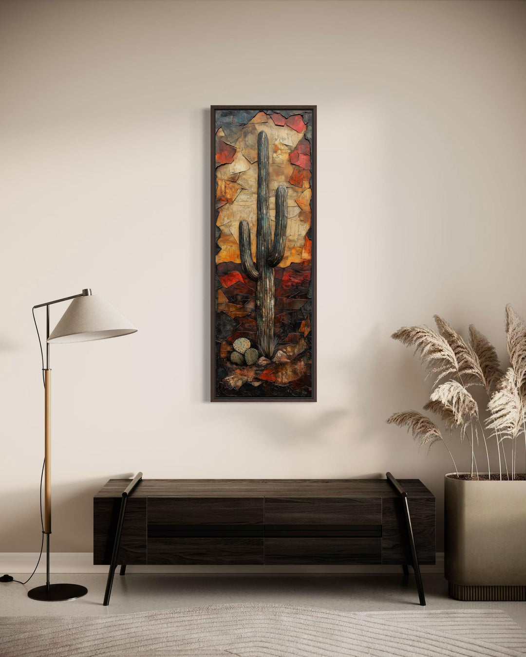 Vertical tall narrow saguaro cactus wall art in a textured, mosaic-style desert landscape.