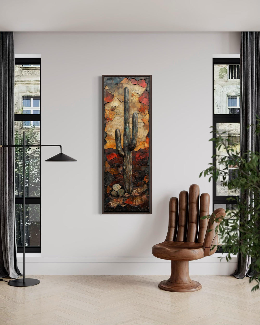 Vertical tall narrow saguaro cactus wall art in a textured, warm-toned Southwestern style.