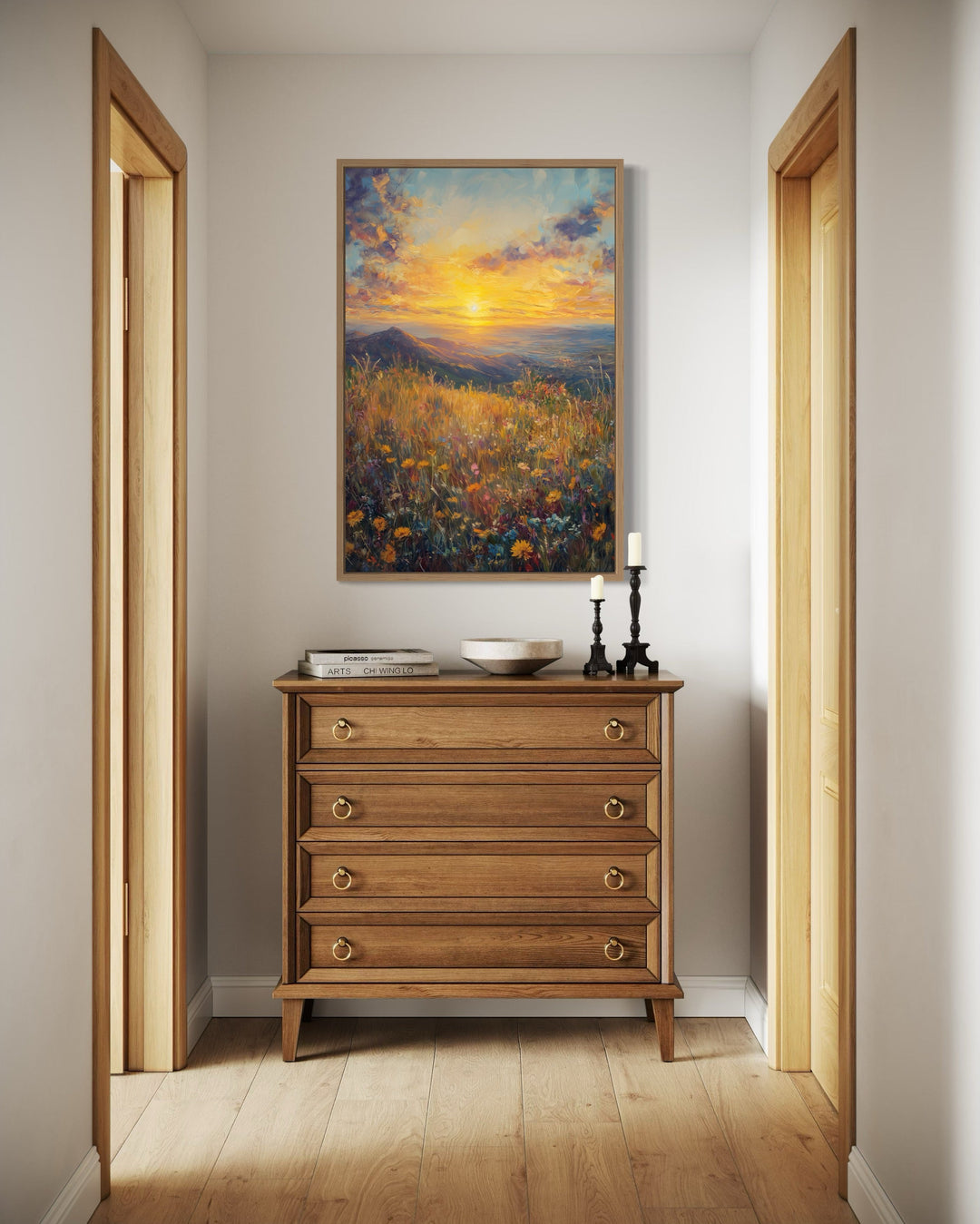 Vertical Yellow Wildflower Field At Sunset Painting Framed Canvas Wall Art