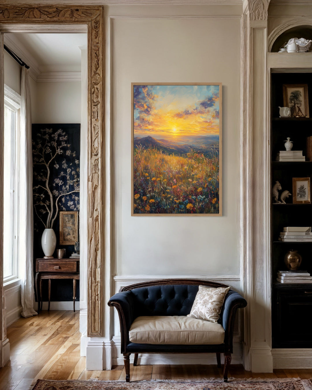 Vertical Yellow Wildflower Field At Sunset Painting Framed Canvas Wall Art