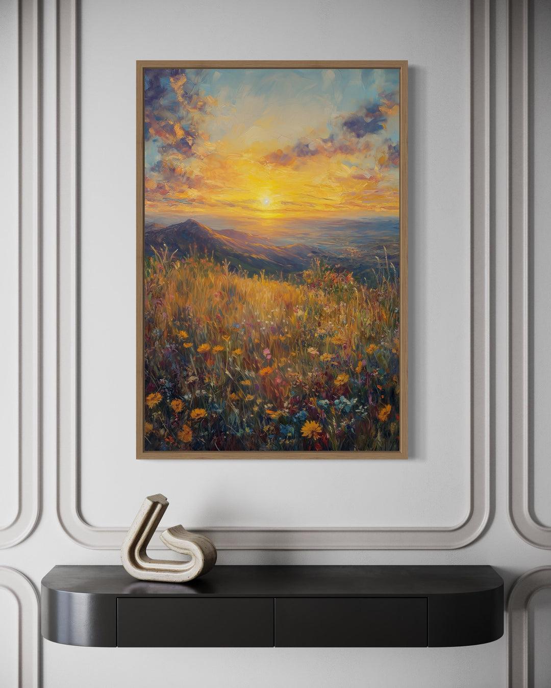 Vertical Yellow Wildflower Field At Sunset Painting Framed Canvas Wall Art