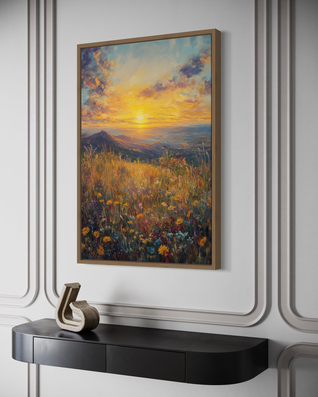 Vertical Yellow Wildflower Field At Sunset Painting Framed Canvas Wall Art