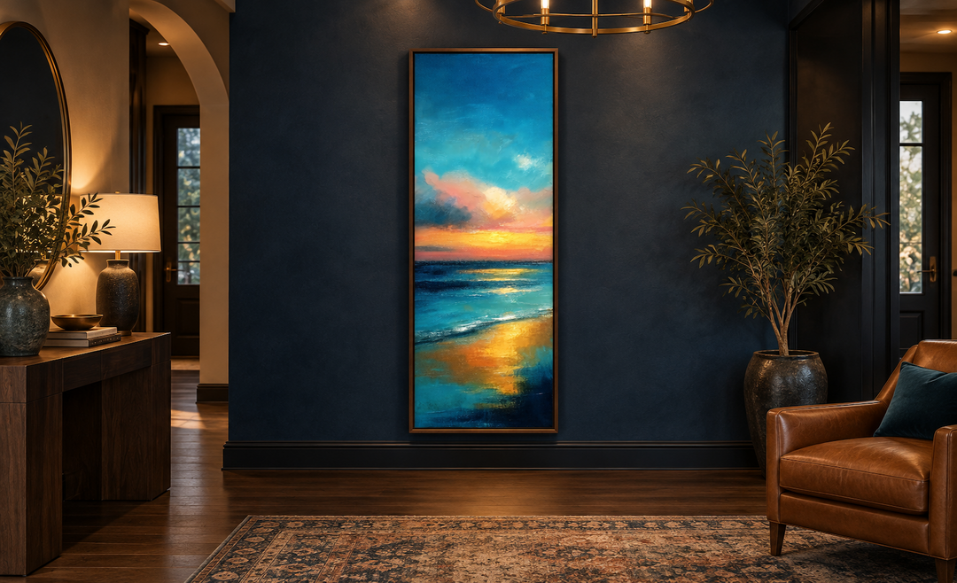Vertical narrow abstract canvas wall art featuring a vibrant blue and gold ocean sunset.