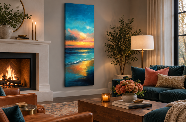Vertical narrow abstract ocean sunset canvas wall art hanging in a modern living room.
