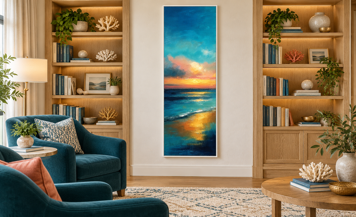 Vertical narrow abstract ocean sunset canvas wall art in a modern living room with blue armchairs.