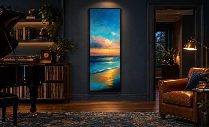 Vertical narrow abstract canvas wall art of a colorful ocean sunset in a dark, modern room.