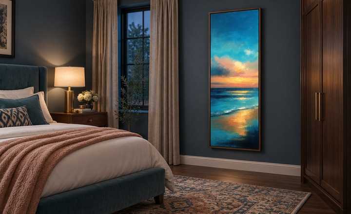 Vertical narrow abstract ocean sunset canvas wall art in a modern bedroom setting.