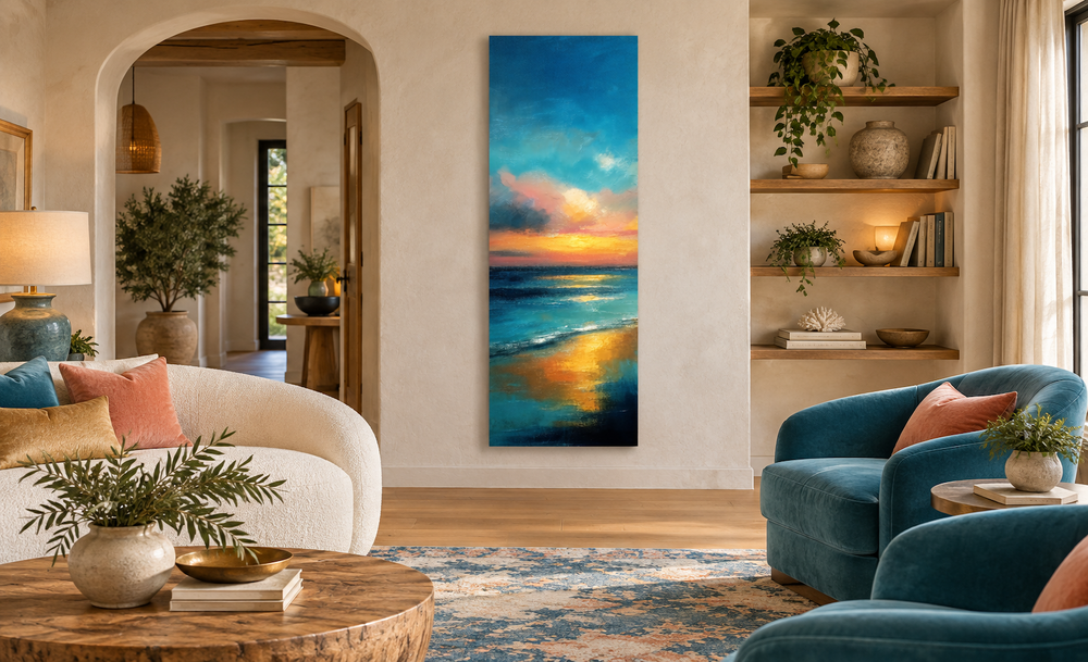 Vertical narrow abstract ocean sunset canvas wall art in a modern living room setting.