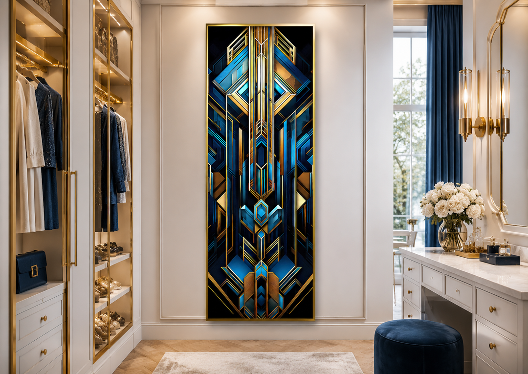 Vertical Art Deco framed canvas wall art with gold, black, and blue geometric patterns in a room.