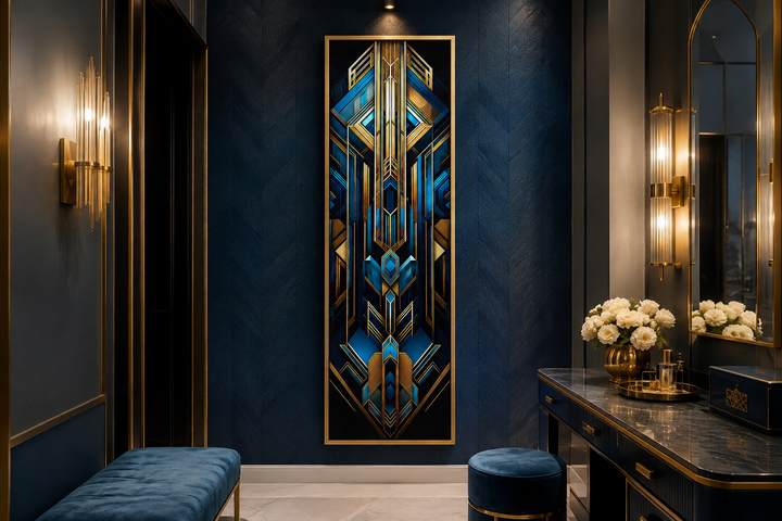 Vertical Art Deco framed canvas wall art with geometric patterns in gold, black, and blue.