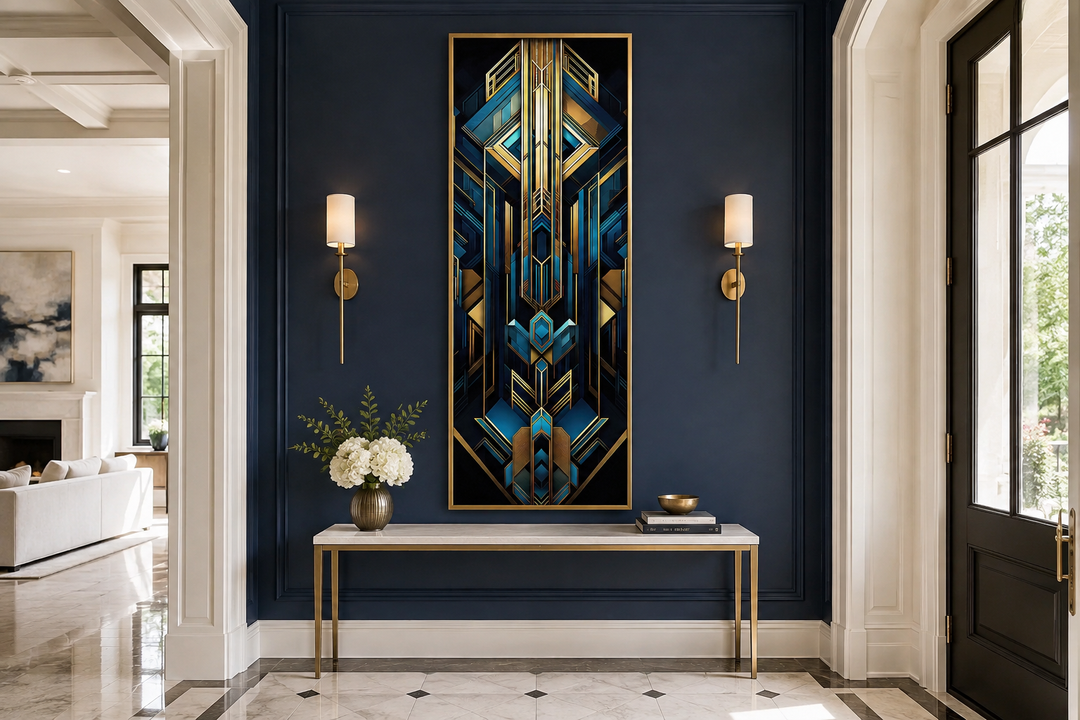 Vertical Art Deco framed canvas wall art with geometric patterns in gold, black, and blue.