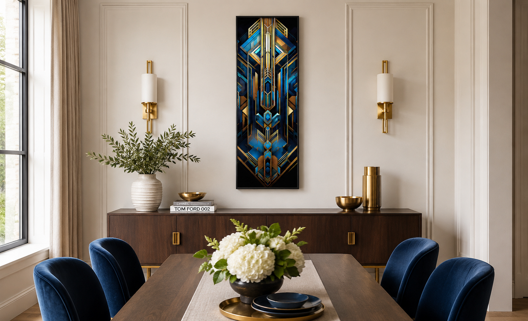 Vertical Art Deco framed canvas wall art with gold, black, and blue geometric patterns.