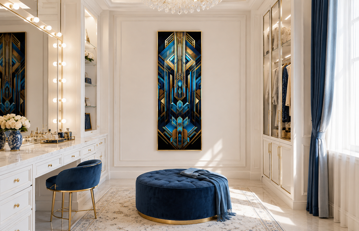 Vertical Art Deco framed canvas wall art with gold, black, and blue geometric patterns in a room.